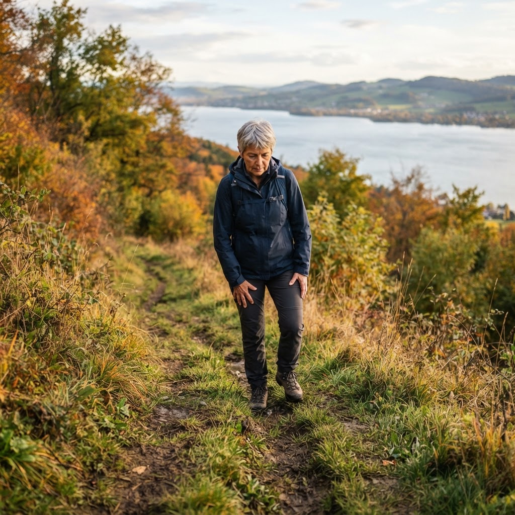 Eine Frau um die 60 geht auf einem Wiesenweg über dem Bodensee vorsichtig bergab (Symbolbild)