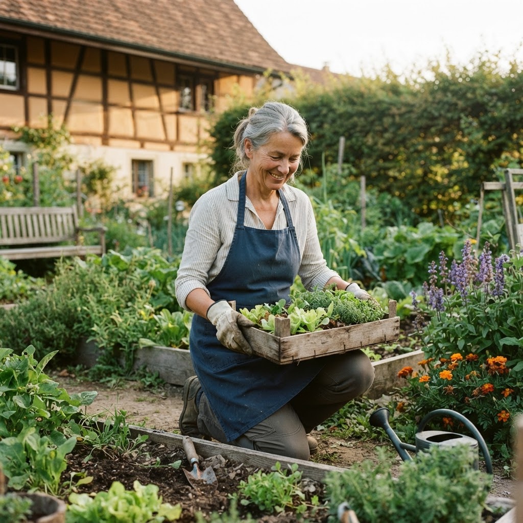 Eine Frau um die 60 hebt im Garten eine Kiste mit Setzlingen nah am Körper an und lächelt (Symbolbild)