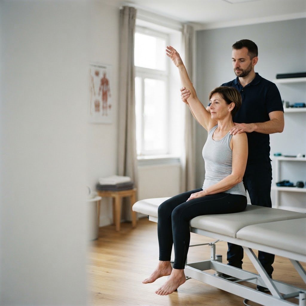 Eine Frau um die 55 hebt auf der Liege den Arm über den Kopf, der Physiotherapeut hält ihre Schulter und stützt den Ellbogen (Symbolbild)
