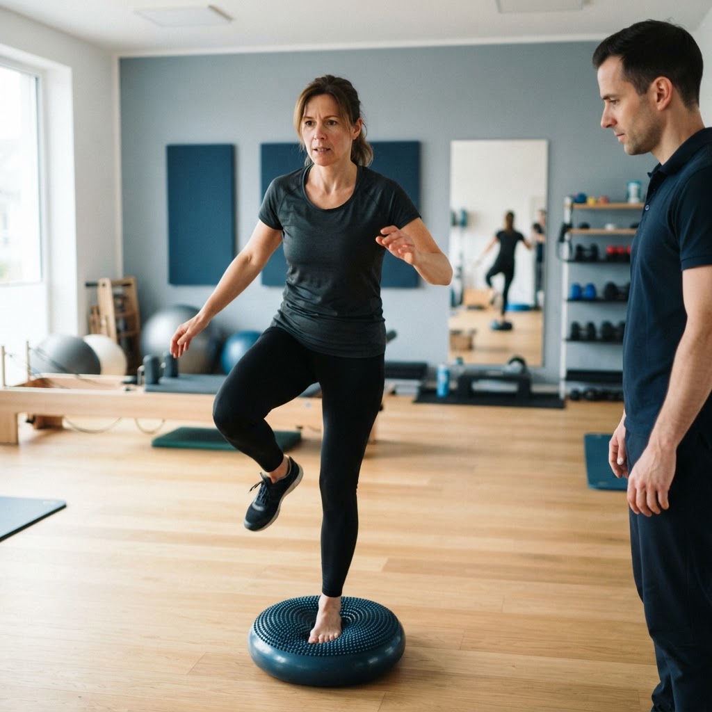 Eine Frau um die 40 steht auf einem Bein auf einem Balancekissen, der Physiotherapeut beobachtet (Symbolbild)