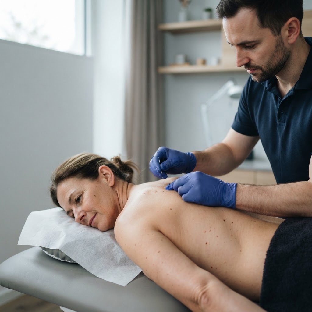 Der Physiotherapeut setzt mit Handschuhen eine feine Nadel am Schulterblatt einer bäuchlings liegenden Frau (Symbolbild)