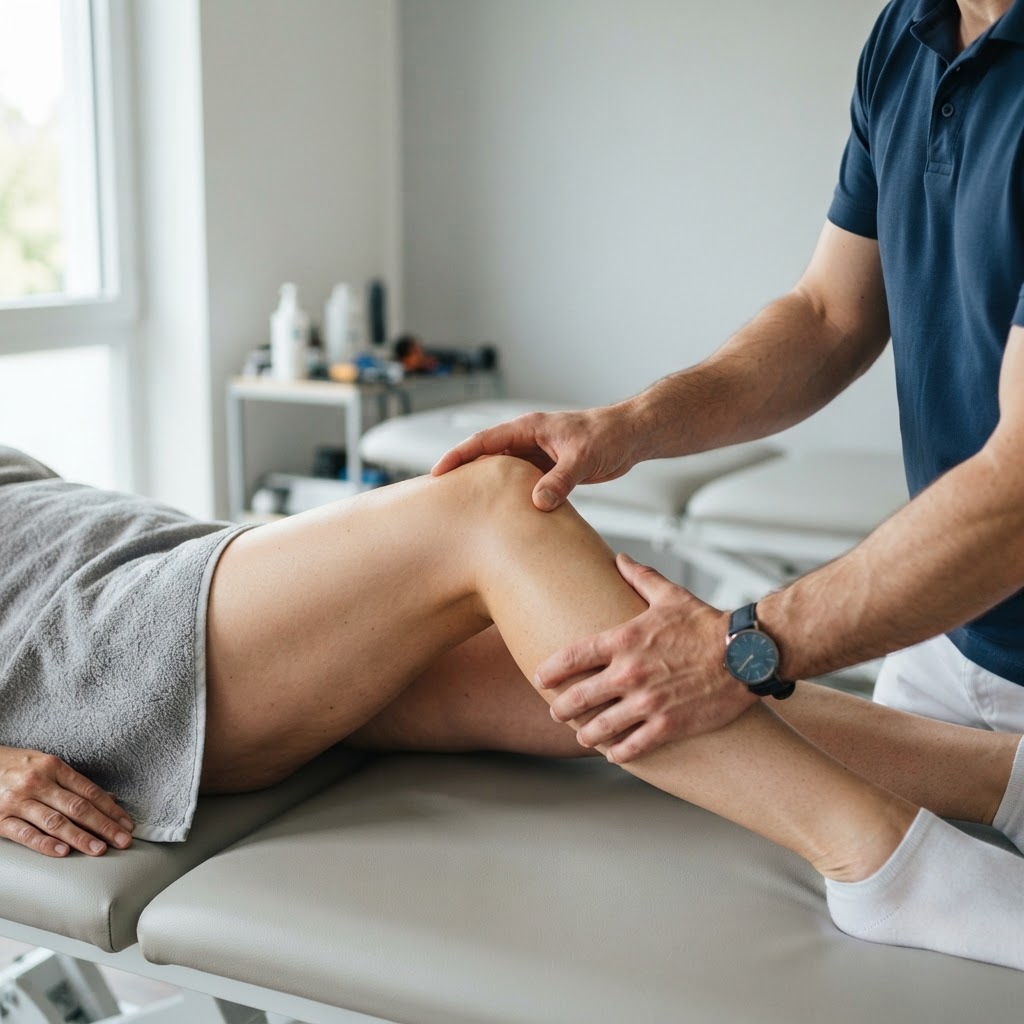 Ein Physiotherapeut prüft auf der Behandlungsliege mit beiden Händen das Knie einer liegenden Person (Symbolbild)