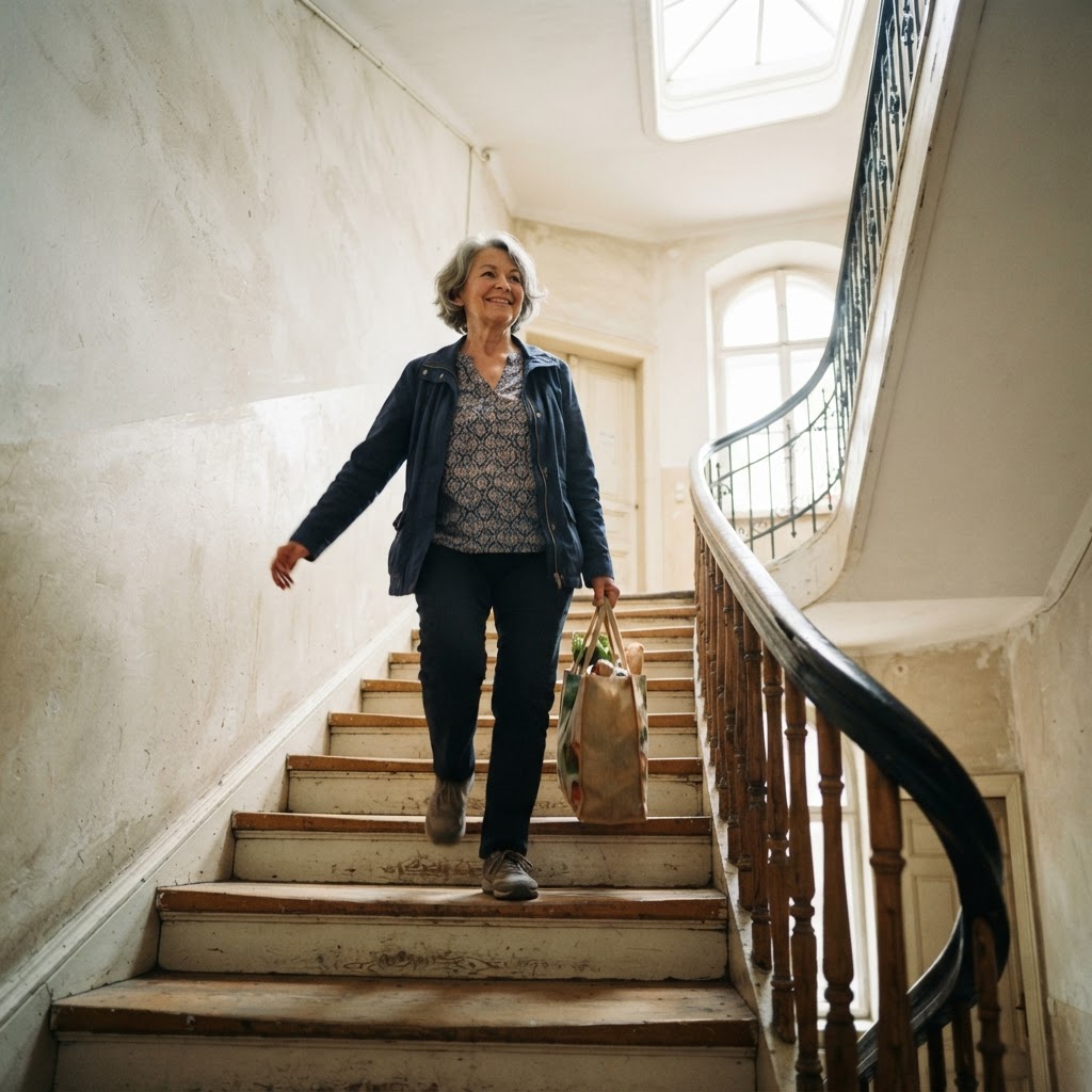 Eine Frau um die 65 geht mit einer Einkaufstasche eine alte Holztreppe hinunter, ohne sich am Geländer zu halten (Symbolbild)