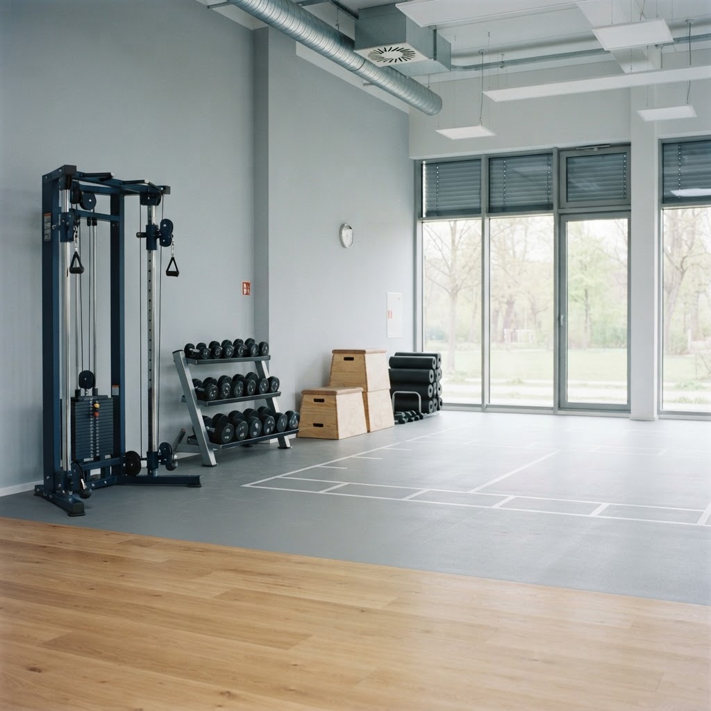Helle Trainingsfläche mit Kabelzugturm, Kurzhanteln, Holzboxen und grossen Fenstern (Symbolbild)