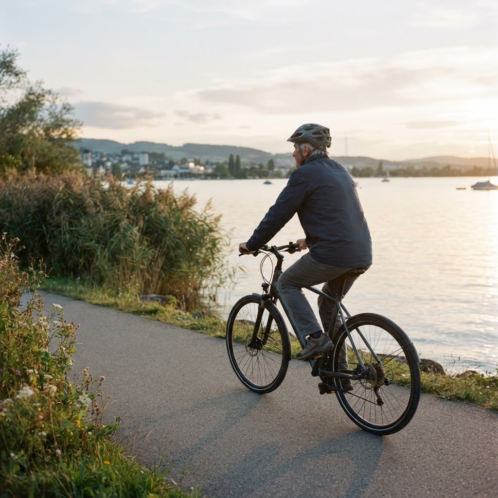 Ein Mann um die 60 fährt im Abendlicht mit dem Velo auf einem Uferweg am See, daneben Schilf (Symbolbild)