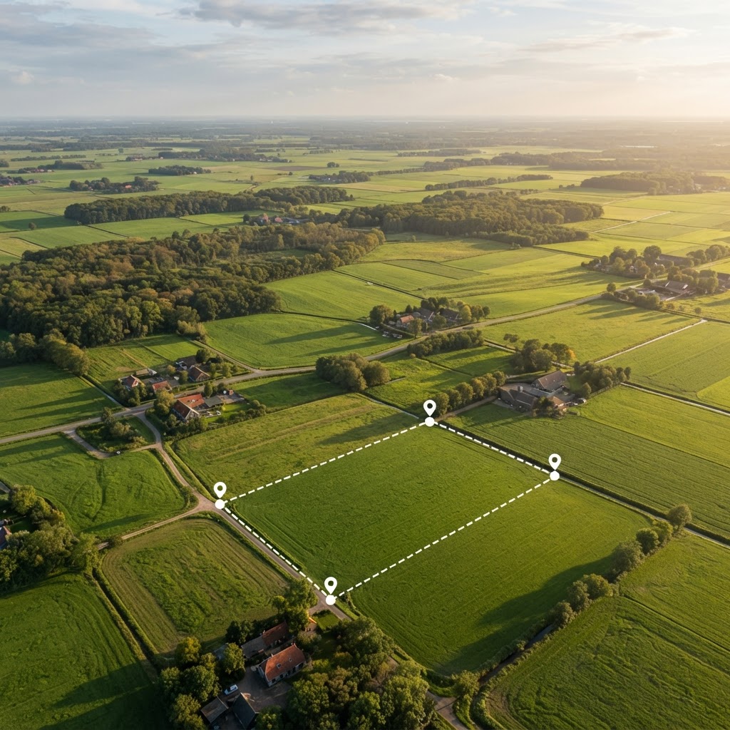 Luchtfoto van het Nederlandse landschap met een afgebakende kavel