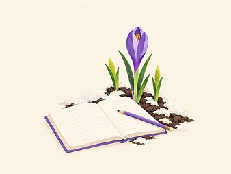 Illustration of an open notebook and a pencil, with a crocus bud growing up beside it through the snow.