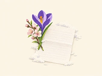 Illustration of a folded sheet of paper with a purple crocus and a sprig of pink blossom across one corner.