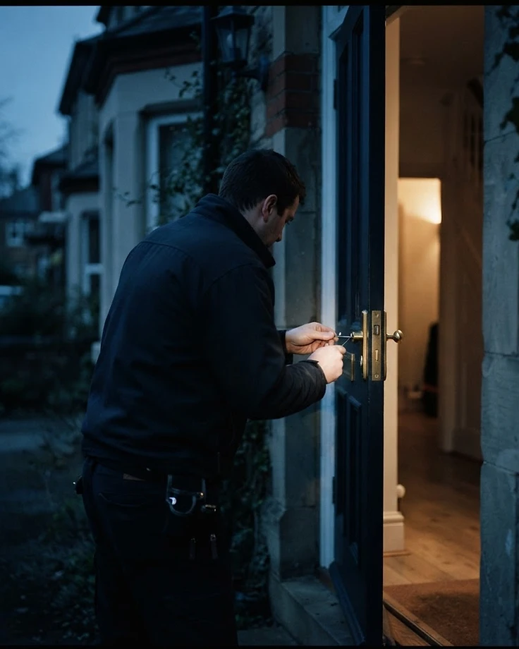 Slotenmaker werkt in de schemering aan het slot van een voordeur in Ninove, met een lamp die binnen brandt