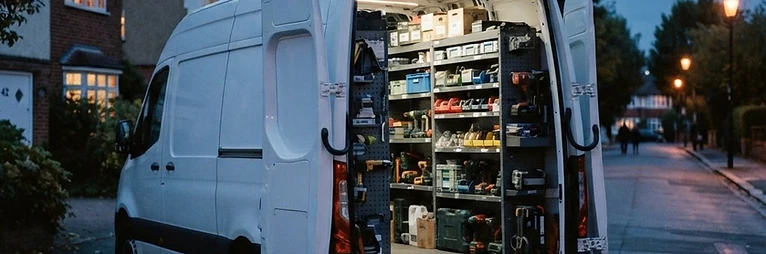 Servicewagen van de slotenmaker in een woonstraat tijdens het blauwe uur
