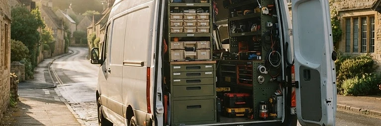 Servicewagen van de slotenmaker in een dorpsstraat bij ochtendlicht