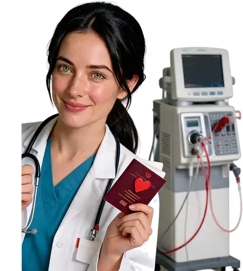 Médecin tenant un passeport devant une machine de dialyse