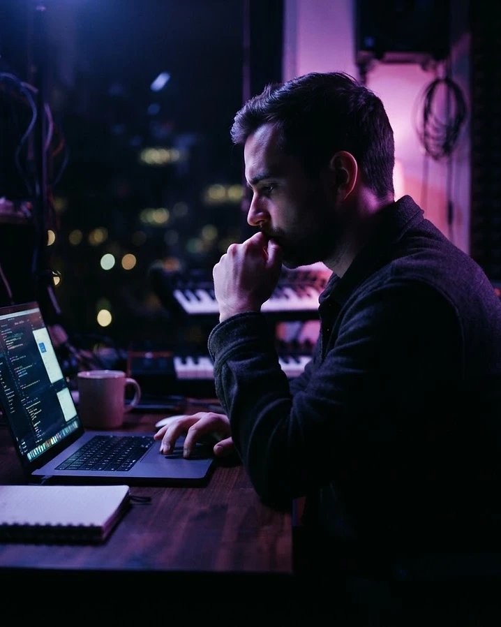 Man reflecting in the dark, lit by purple and pink light