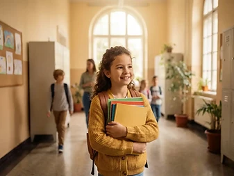 Mosolygó, magabiztos kisfiú iskolai környezetben, könyvekkel a kezében