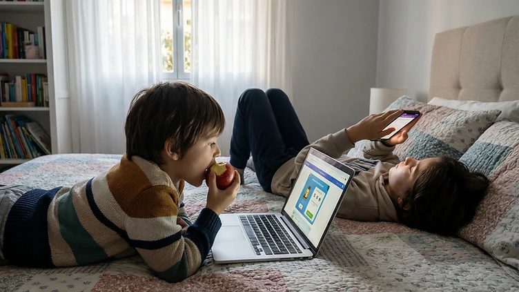 Gyerekek laptopot és telefont használnak, eltérő képernyőidő szokásokat mutatva
