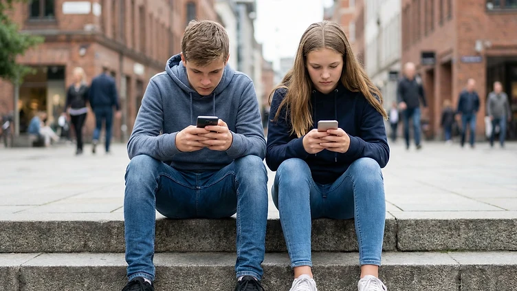 Két kamasz telefonját nézi egymás mellett ülve, képernyőidő és következetesség