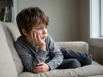 Elgondolkodó kisfiú ül a kanapén, fejét a kezére támasztva