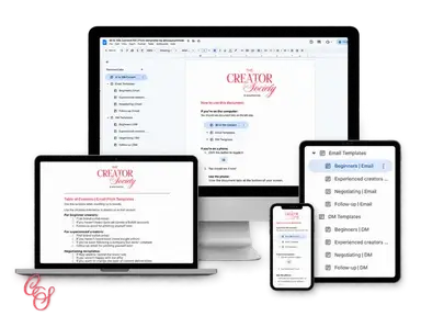 Email and DM pitch templates shown across desktop, laptop, tablet and phone