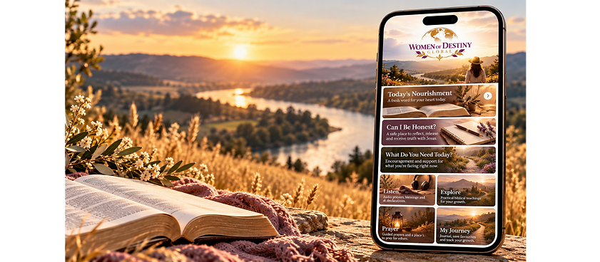 Women of Destiny Global app on a phone beside an open book at sunset