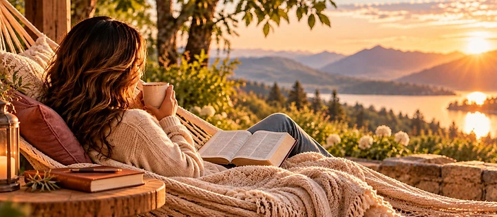 A woman resting in a hammock at sunset overlooking a lake and mountains