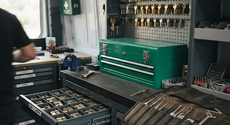 Ingerichte bestelwagen met cilinders, sleutelblanks en slotgereedschap