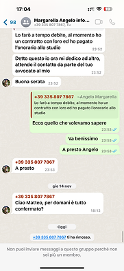 Screenshot del gruppo WhatsApp «Margarella Angelo info…» con i messaggi di Angelo Margarella