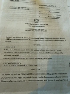 Sentenza del Tribunale Ordinario di Pescara nei confronti di Creo Elia per falso nella domanda di iscrizione all'albo degli avvocati di Pescara