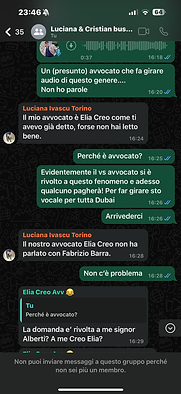 Screenshot del gruppo WhatsApp «Luciana & Cristian bus…» con i messaggi di Luciana Ivascu Torino e di Elia Creo