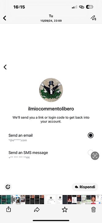 Screenshot dell'account «ilmiocommentolibero»: schermata di recupero account con numero di telefono italiano che finisce per 44