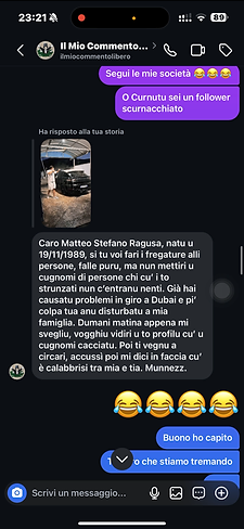 Messaggio Instagram ricevuto dall'account ilmiocommentolibero con l'intimazione a togliere il cognome della famiglia Ragusa