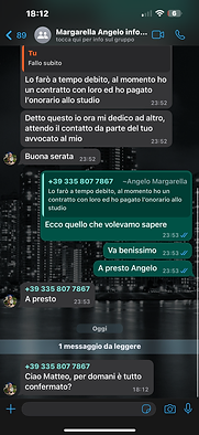Screenshot della chat WhatsApp con Angelo Margarella: «Fallo subito» e «ho pagato l'onorario allo studio»