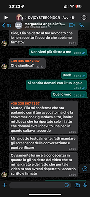 Screenshot della chat WhatsApp con Angelo Margarella del 23:32-23:36 su Elia Creo e sull'accordo firmato