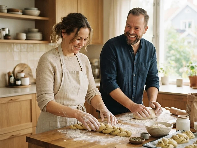 Katja and Sampo baking together in their bright Chicago kitchen