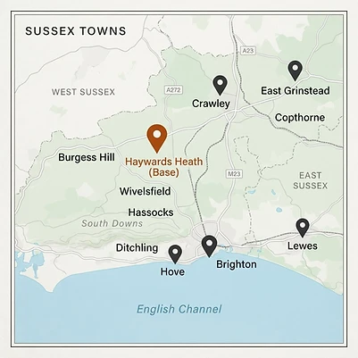Map showing Hardy Paving service areas across West Sussex and East Sussex, including Haywards Heath, Ditchling, East Grinstead, Copthorne, Hove, Hassocks, Crawley, Burgess Hill, Brighton, Wivelsfield and Lewes