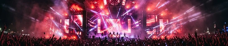 Voorbeeld: festivalpodium met rode lichtbundels, breed panorama