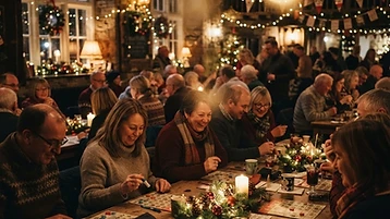 Feestelijke bingotafel met kerstversiering