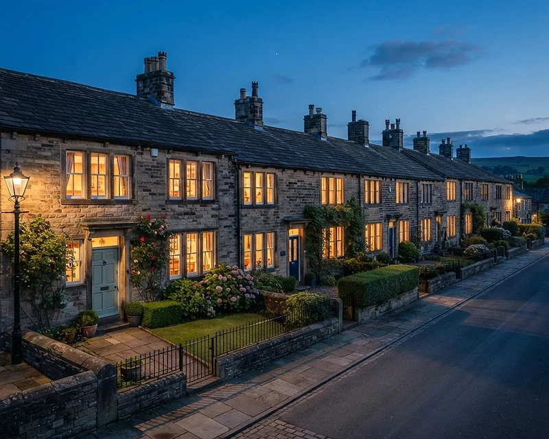 Traditional Yorkshire stone terraced houses at twilight