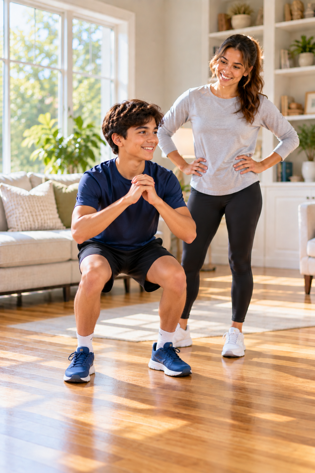 Teen doing a bodyweight squat at home while his mom cheers him on