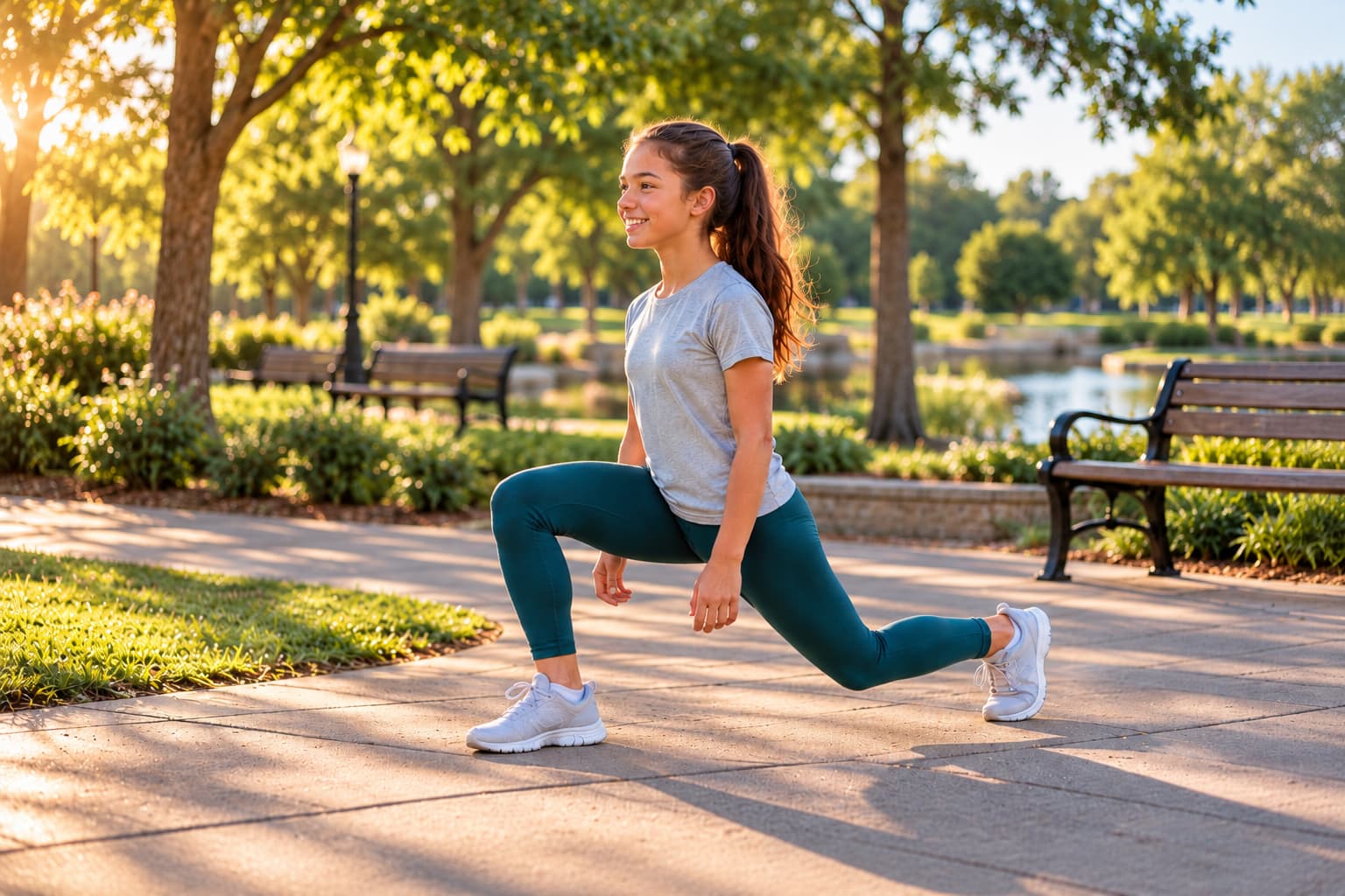 Teen girl doing a lunge on a sunlit park walkway