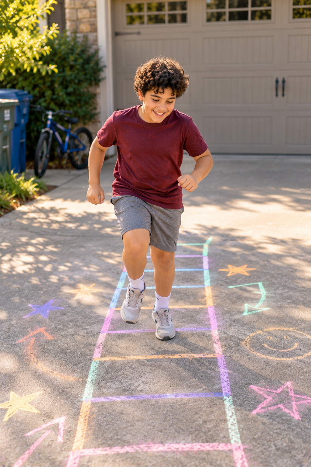 Boy hopping through a sidewalk chalk agility ladder on his driveway