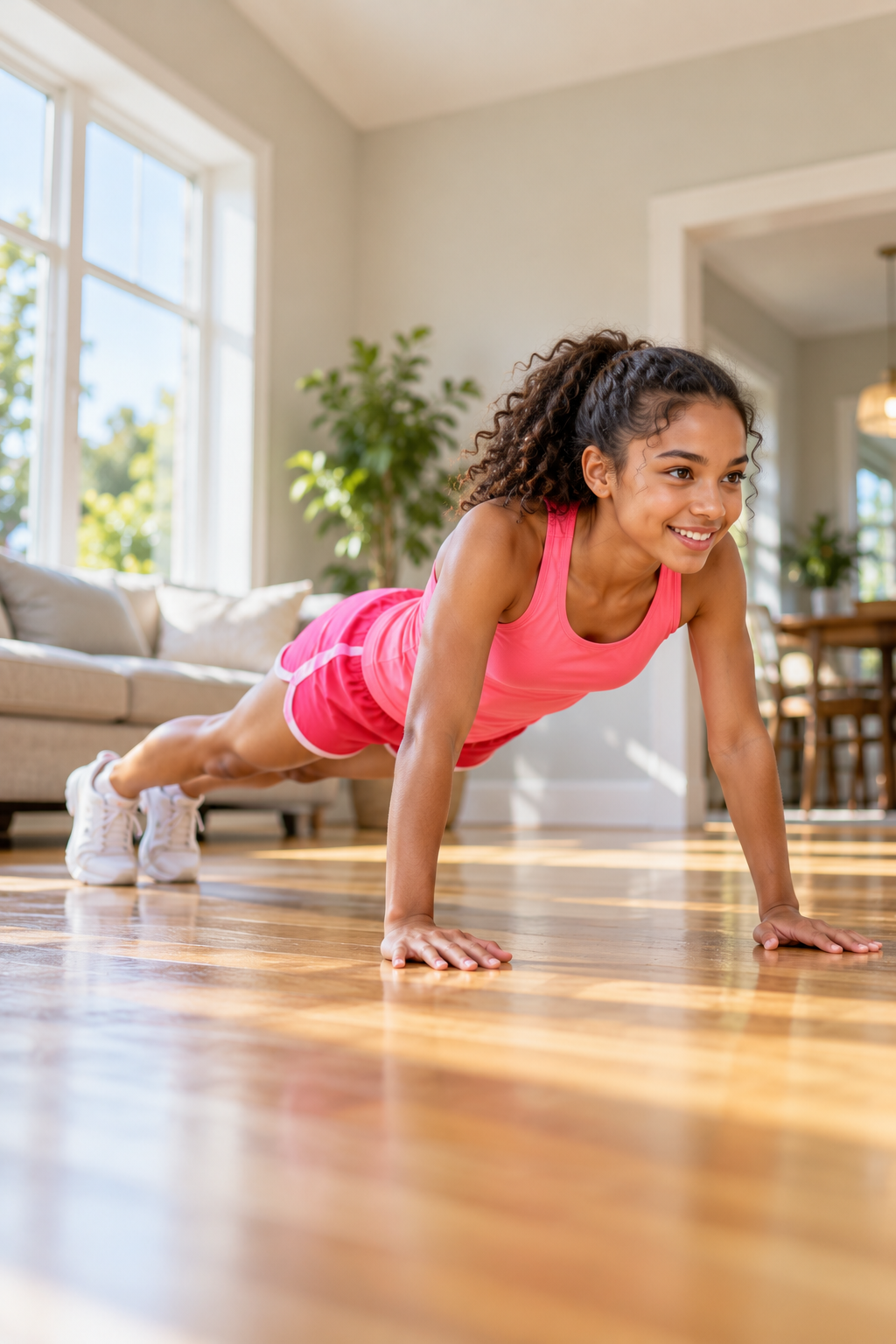 Teen girl doing a push-up on a living room floor