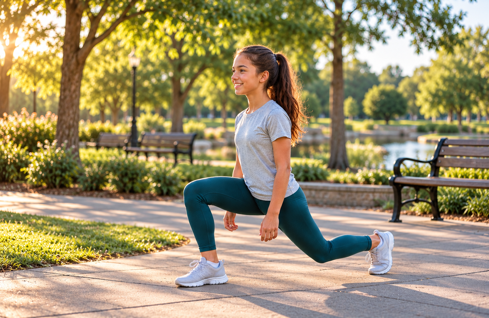 Teen girl doing a lunge on a sunlit park walkway