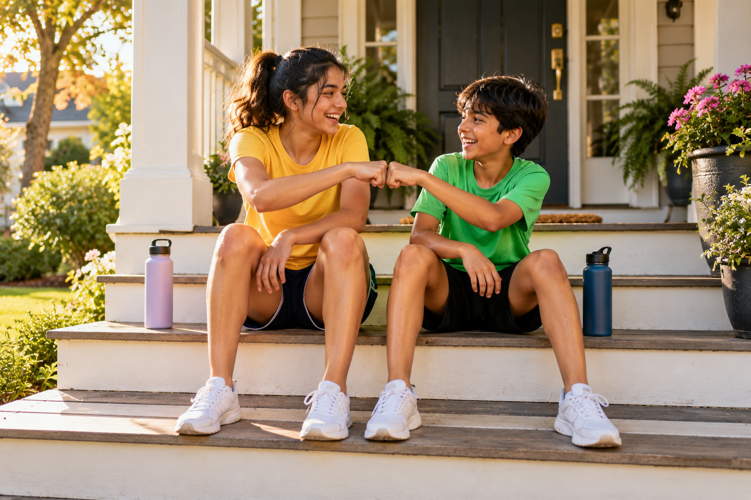 Brother and sister fist-bumping on their front porch steps after a workout