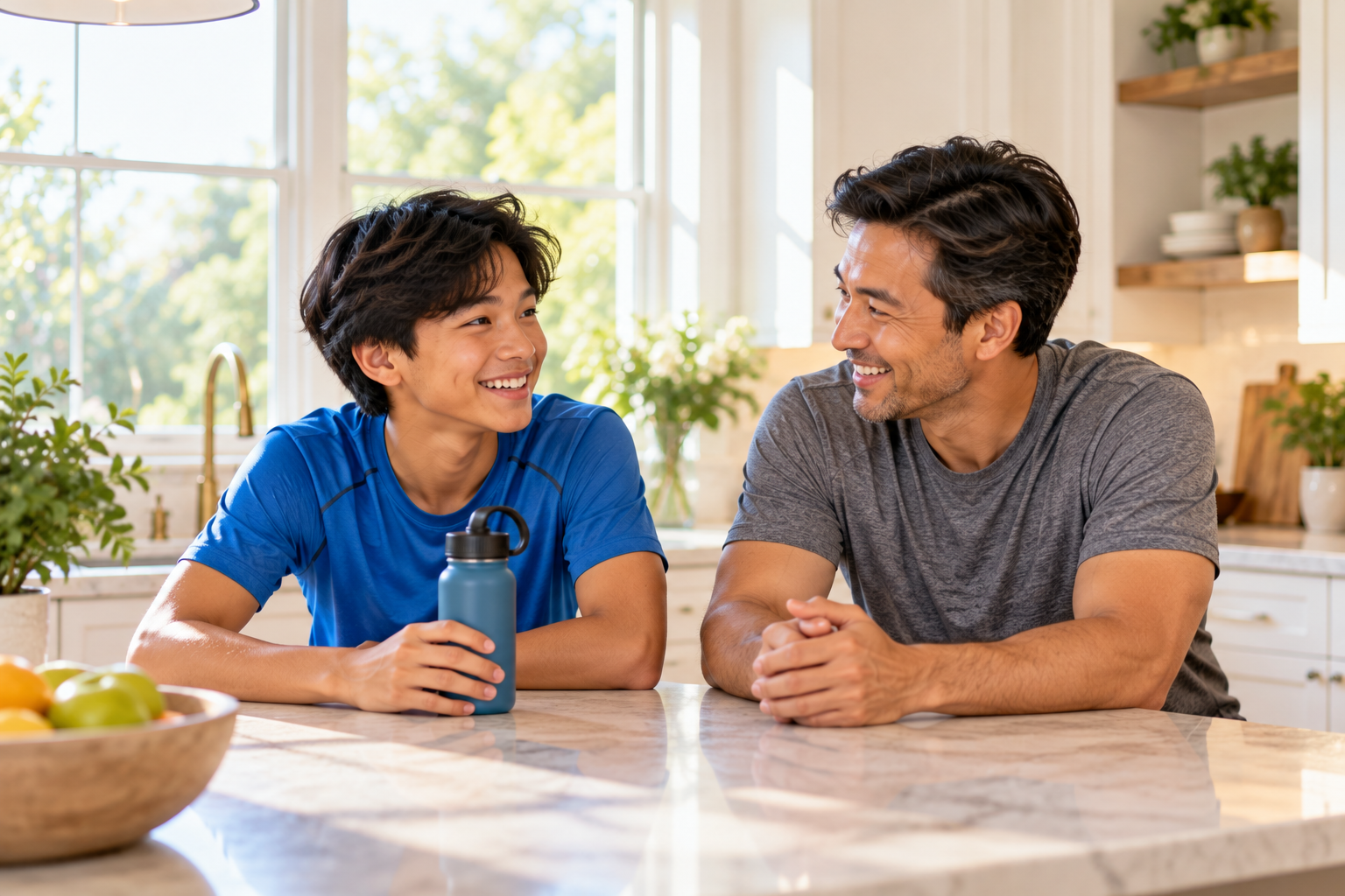 Teen and his dad talking and smiling in the kitchen after a workout