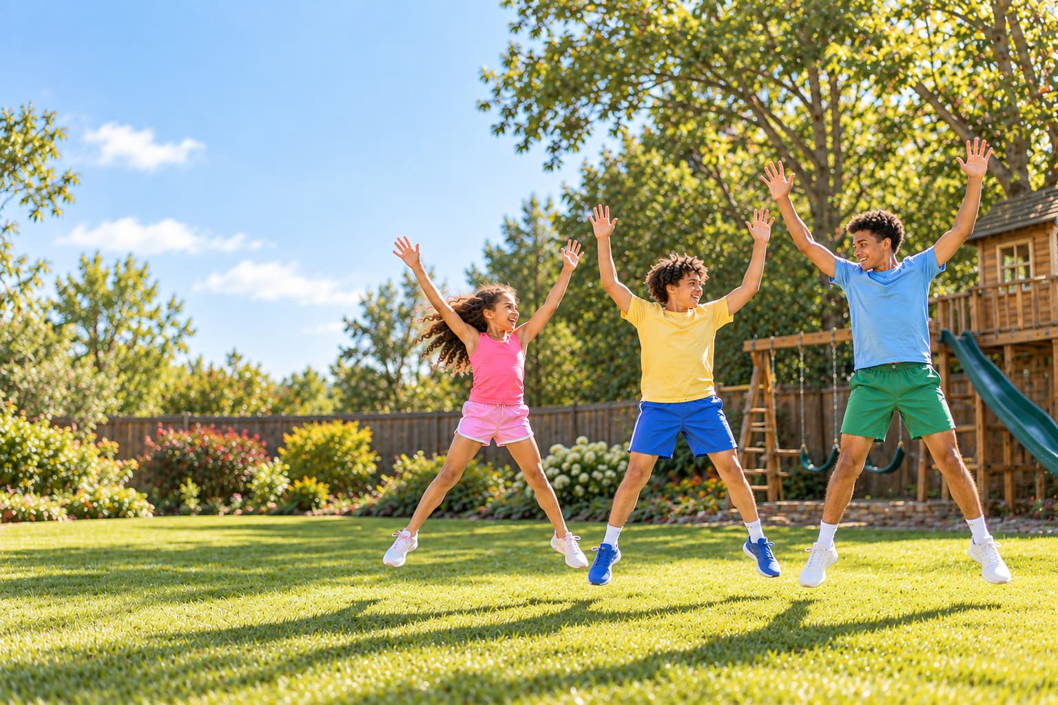 Three siblings doing jumping jacks together in their backyard