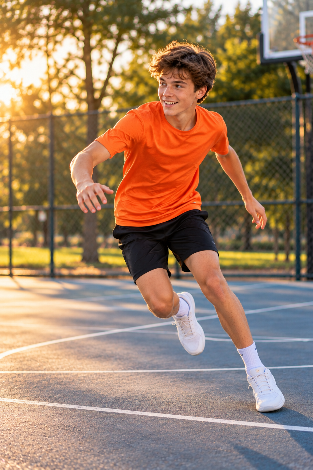 Teen boy doing a skater jump on an outdoor basketball court