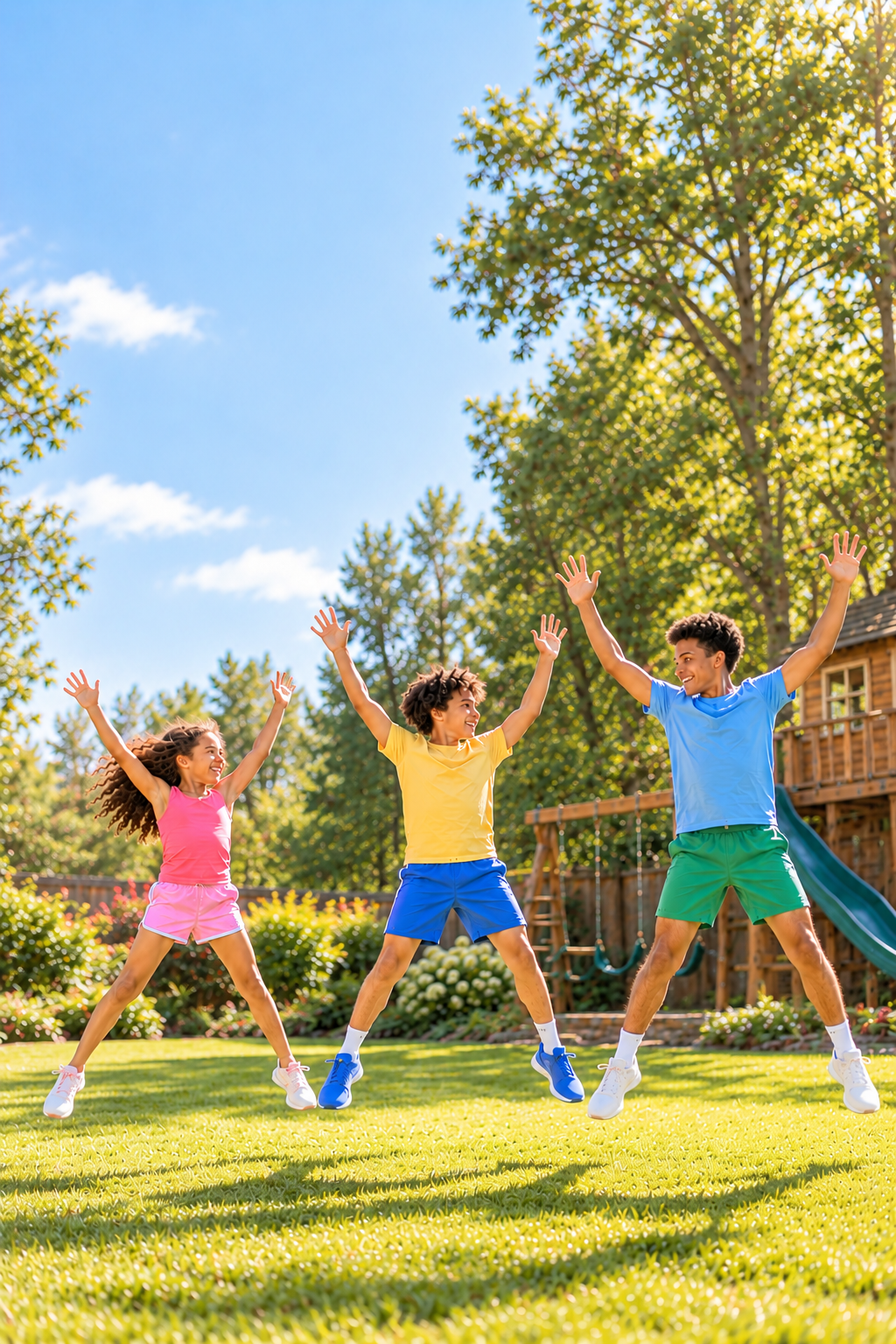 Three siblings doing jumping jacks together in their backyard