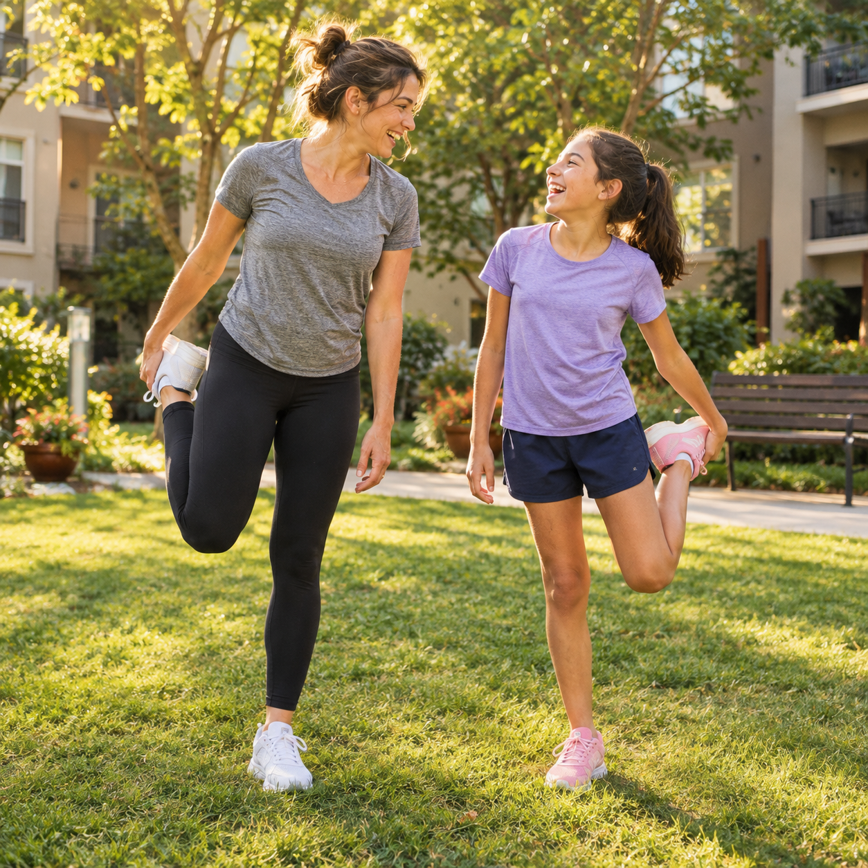 Mom and her preteen daughter laughing during a cool-down stretch in their apartment courtyard