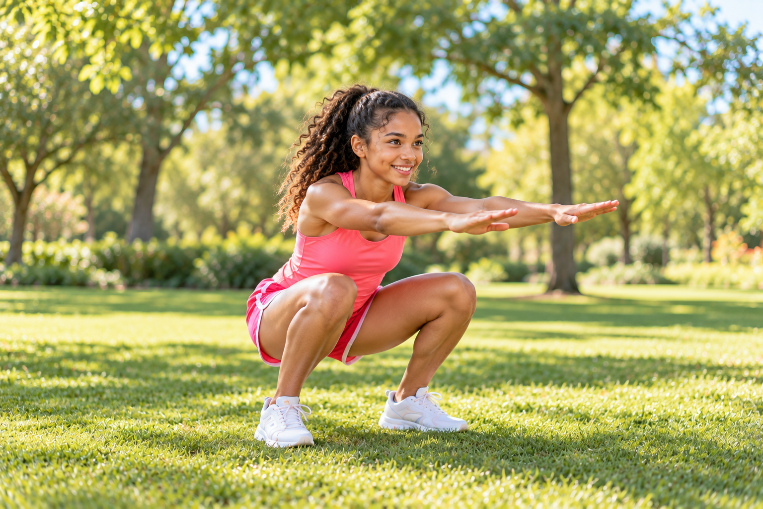 Teen girl doing a bodyweight squat in a sunny park
