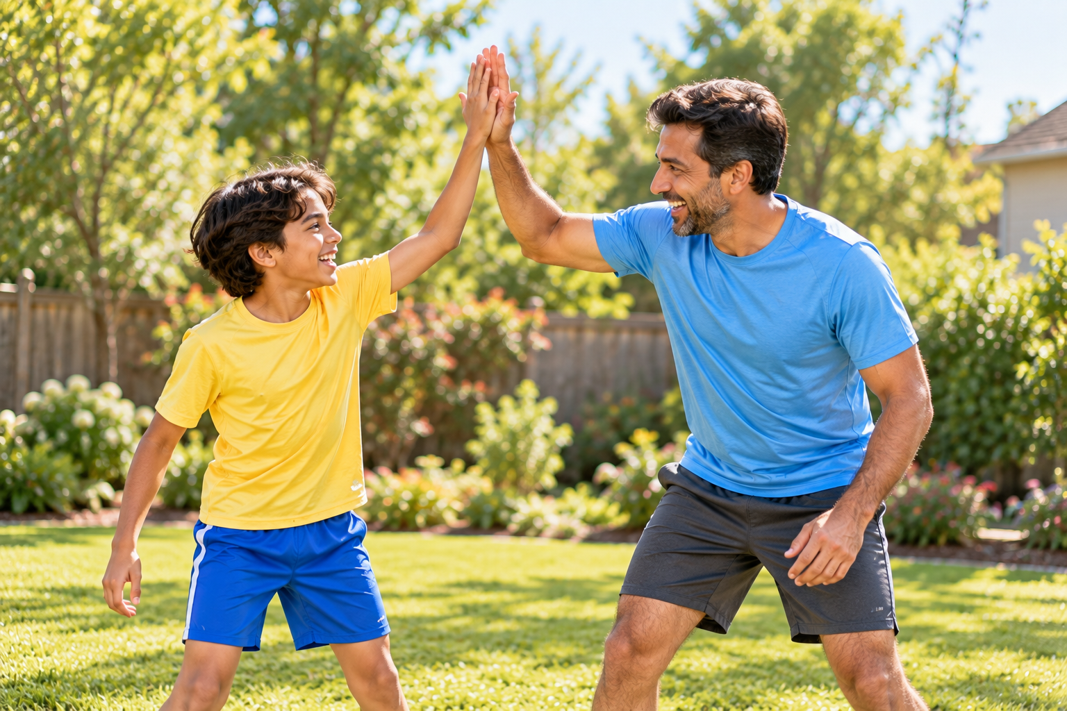 Boy high-fiving his dad after a backyard workout